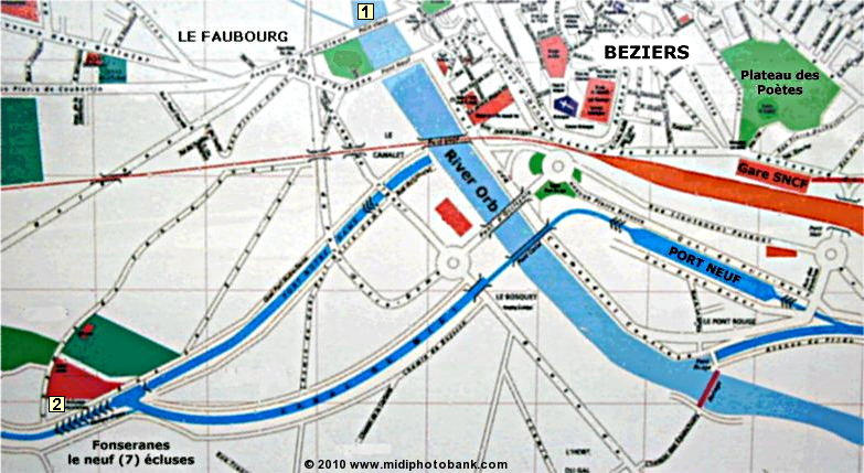 The Fonseranes locks with old and new routes of the Midi Canal at Béziers