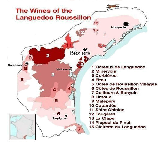 Map of the wine regions of Languedoc-Rousillion