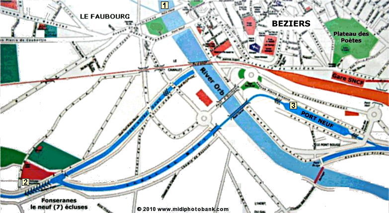 The Fonseranes locks with old and new routes of the Midi Canal at Béziers