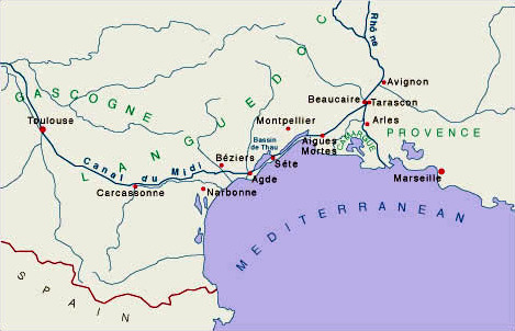 Map of Southern France showing routes of Riveryacht, Roi Soleil