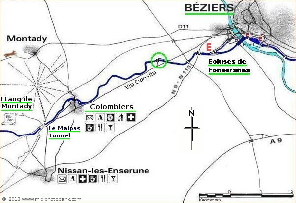 Map of Colombiers and Béziers, on the Canal du Midi in the South of France