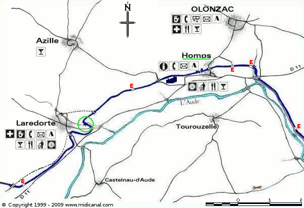 Map of La Redorte and Homps, on the Canal du Midi in the South of France