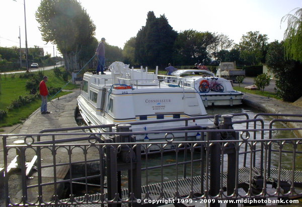 A lock-full of boats in the top chamber of the Marseillette lock on the Midi Canal